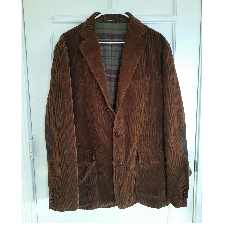 J.Crew Men Large Corduroy Utility Blazer Elbow Leather Patch Plaid Flannel Lined